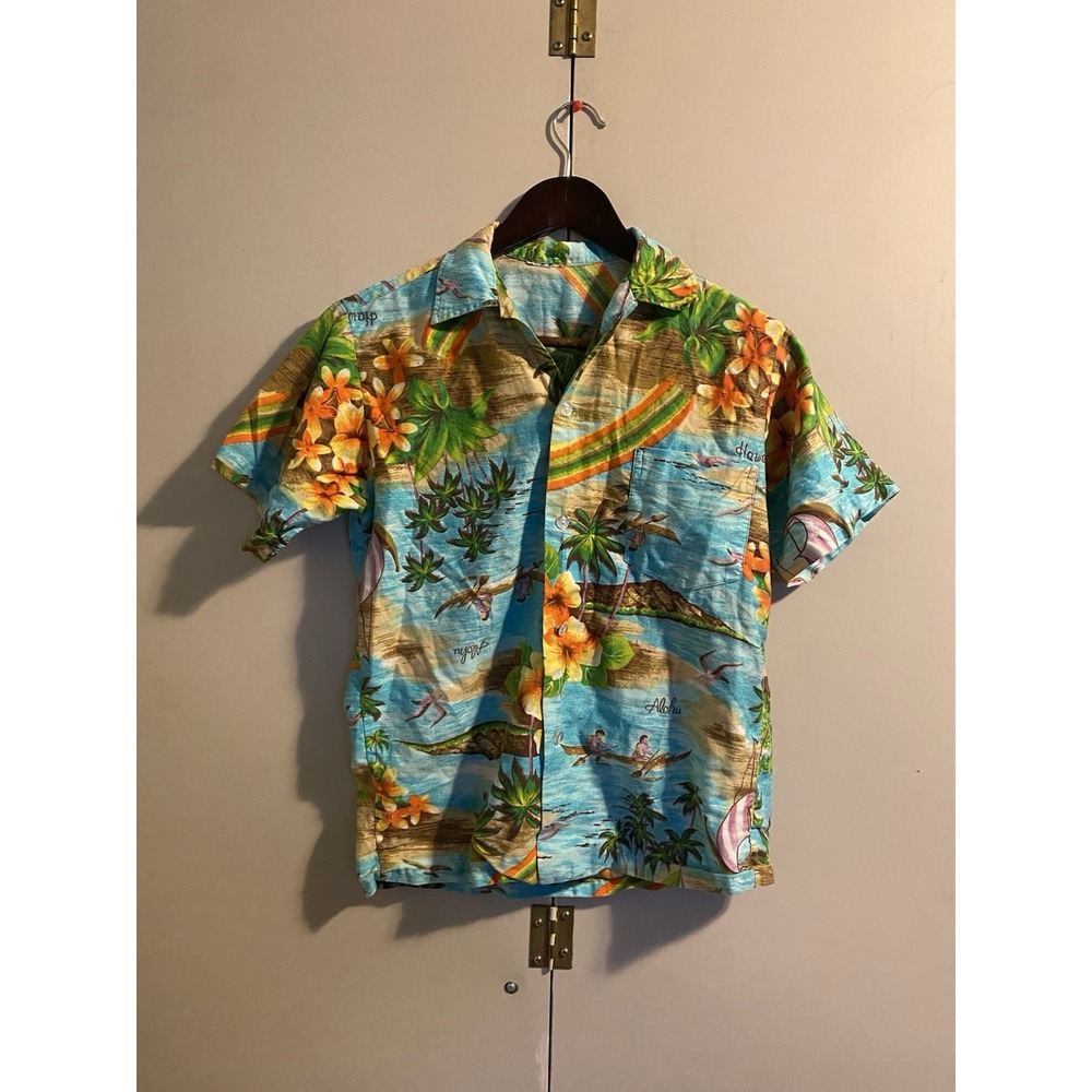 Vtg Pacific Isle Creations Hawaiian Shirt Rainbow Wave Youth L Mens XXS